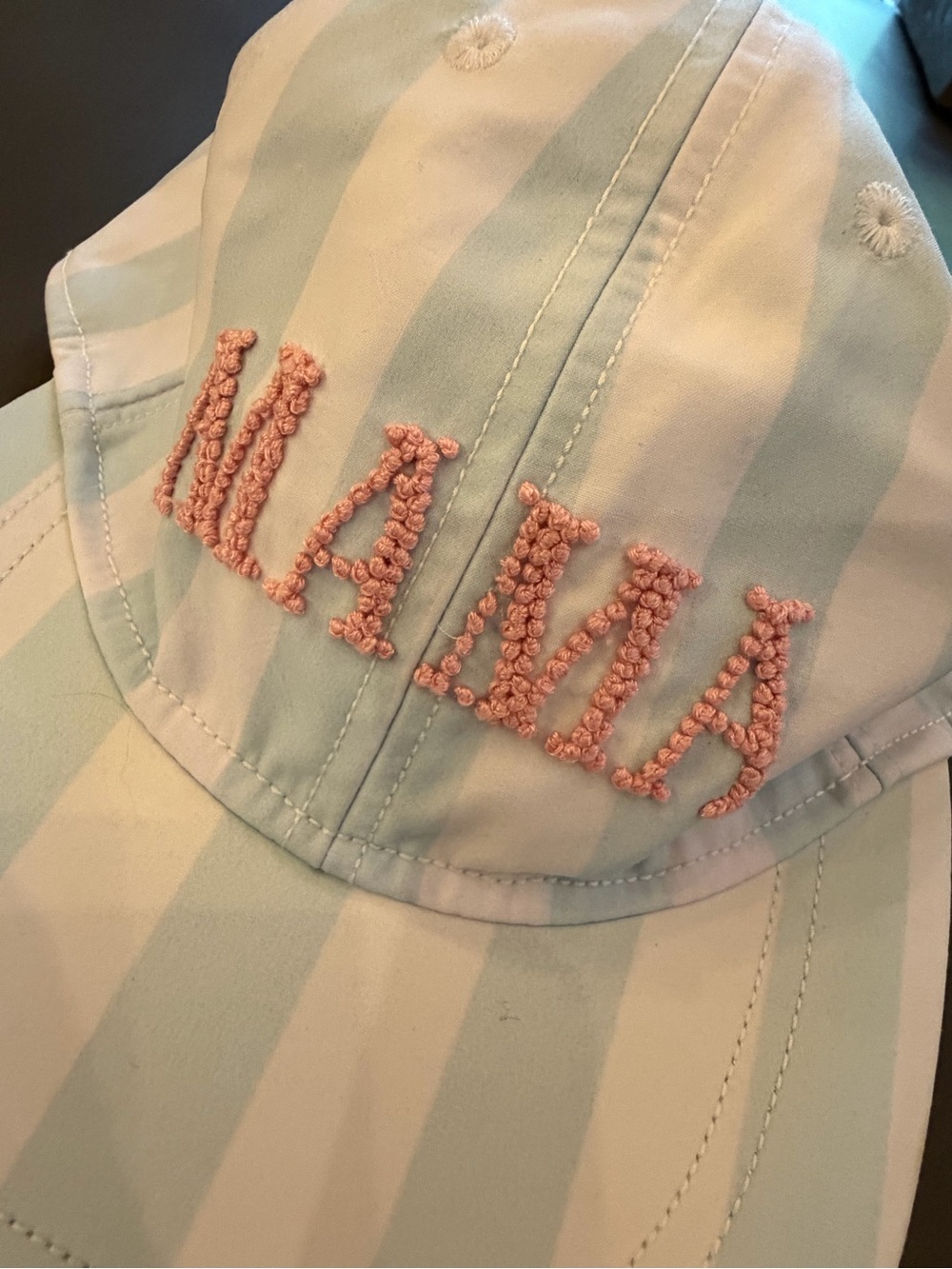 Light Blue & White Stripe MAMA' Embroidered Hat, Pink Ribbon in the back.